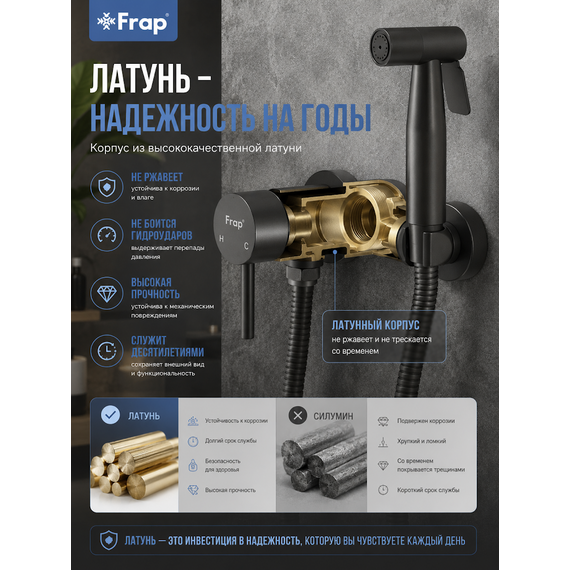 F7503-9 FRAP Смеситель с гигиеническим душем, оружейная сталь — фото 5