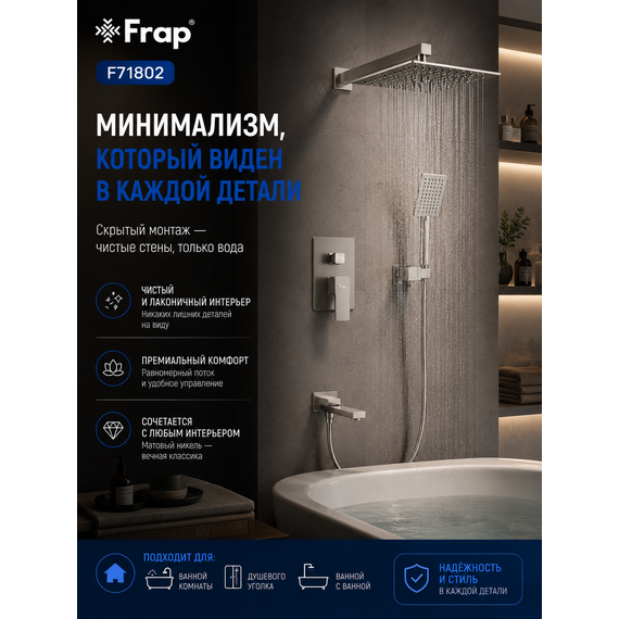 F71802 FRAP Душевая система скрытого монтажа сатин — фото 4