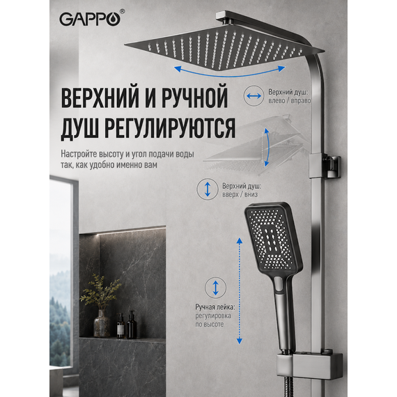 G2407-9 GAPPO Душевая система со смесителем  оружейная сталь — фото 3
